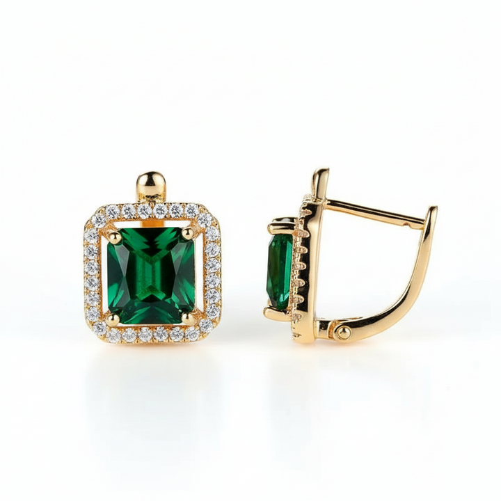 Green Square Zirconia Gold Earrings