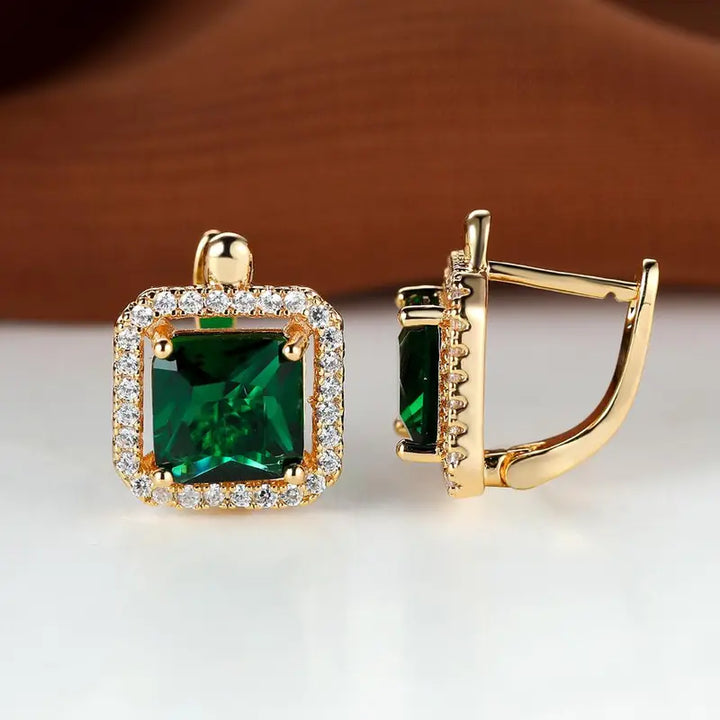 Green Square Zirconia Gold Earrings
