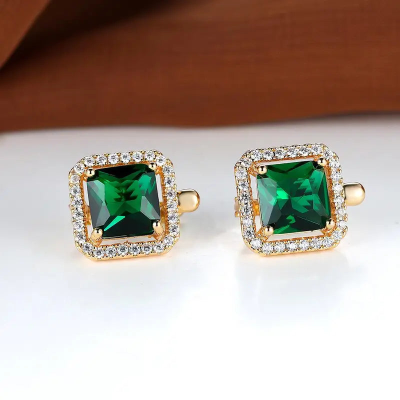 Green Square Zirconia Gold Earrings