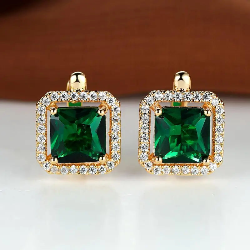Green Square Zirconia Gold Earrings