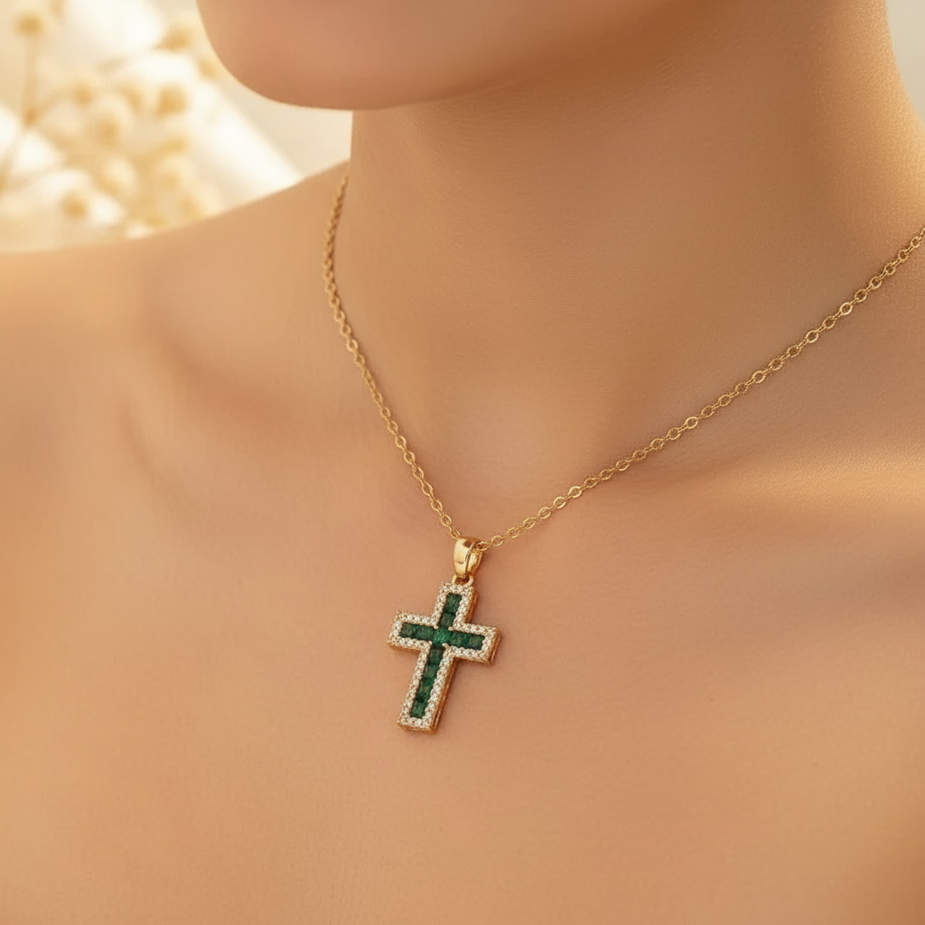Gold Emerald Cross Solene Necklace