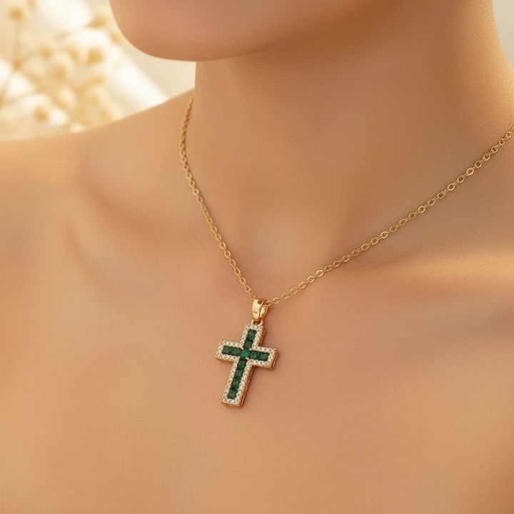 Gold Emerald Cross Solene Necklace