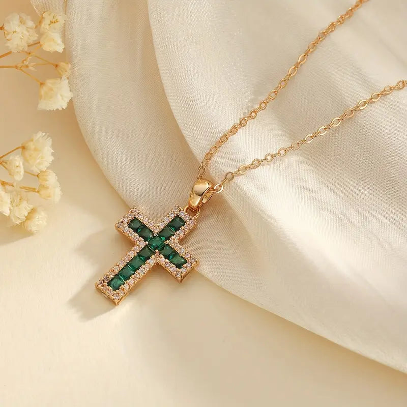 Gold Emerald Cross Solene Necklace