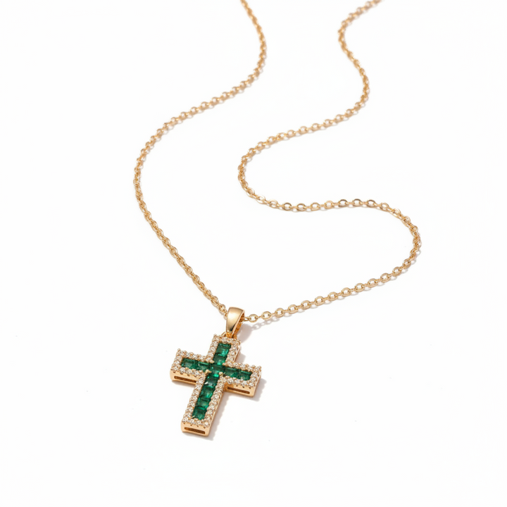 Gold Emerald Cross Solene Necklace