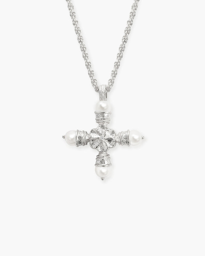 Florence Pearl Cross Silver Necklace