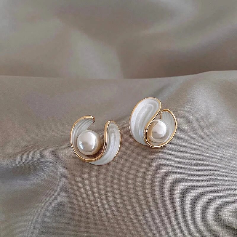 Gold Earrings with White Opal & Pearls