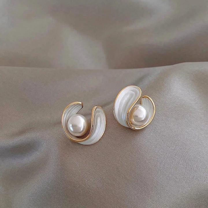 Gold Earrings with White Opal & Pearls