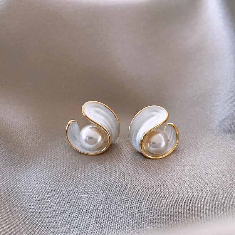 Gold Earrings with White Opal & Pearls