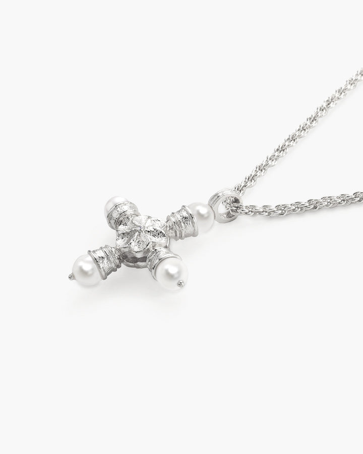 Florence Pearl Cross Silver Necklace