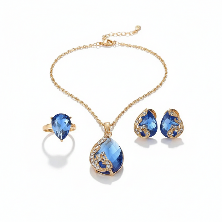 Gold and Blue Crystal Necklace and Earrings Set