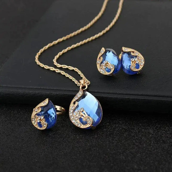 Gold and Blue Crystal Necklace and Earrings Set