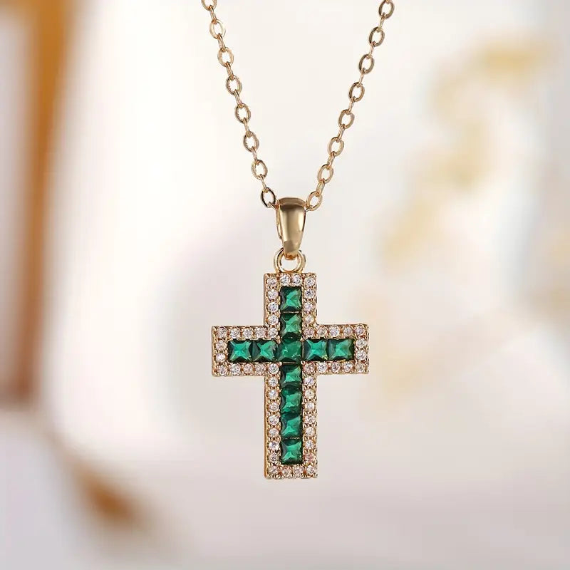 Gold Emerald Cross Solene Necklace