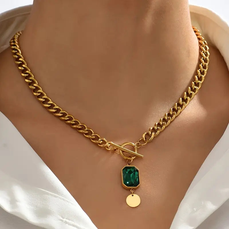 Thick Gold Emerald Chain Necklace