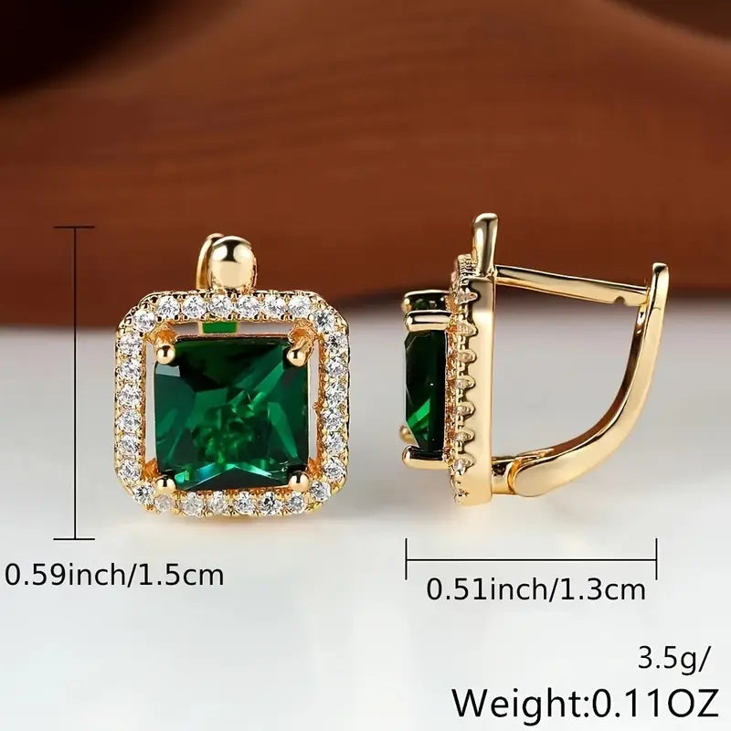 Green Square Zirconia Gold Earrings