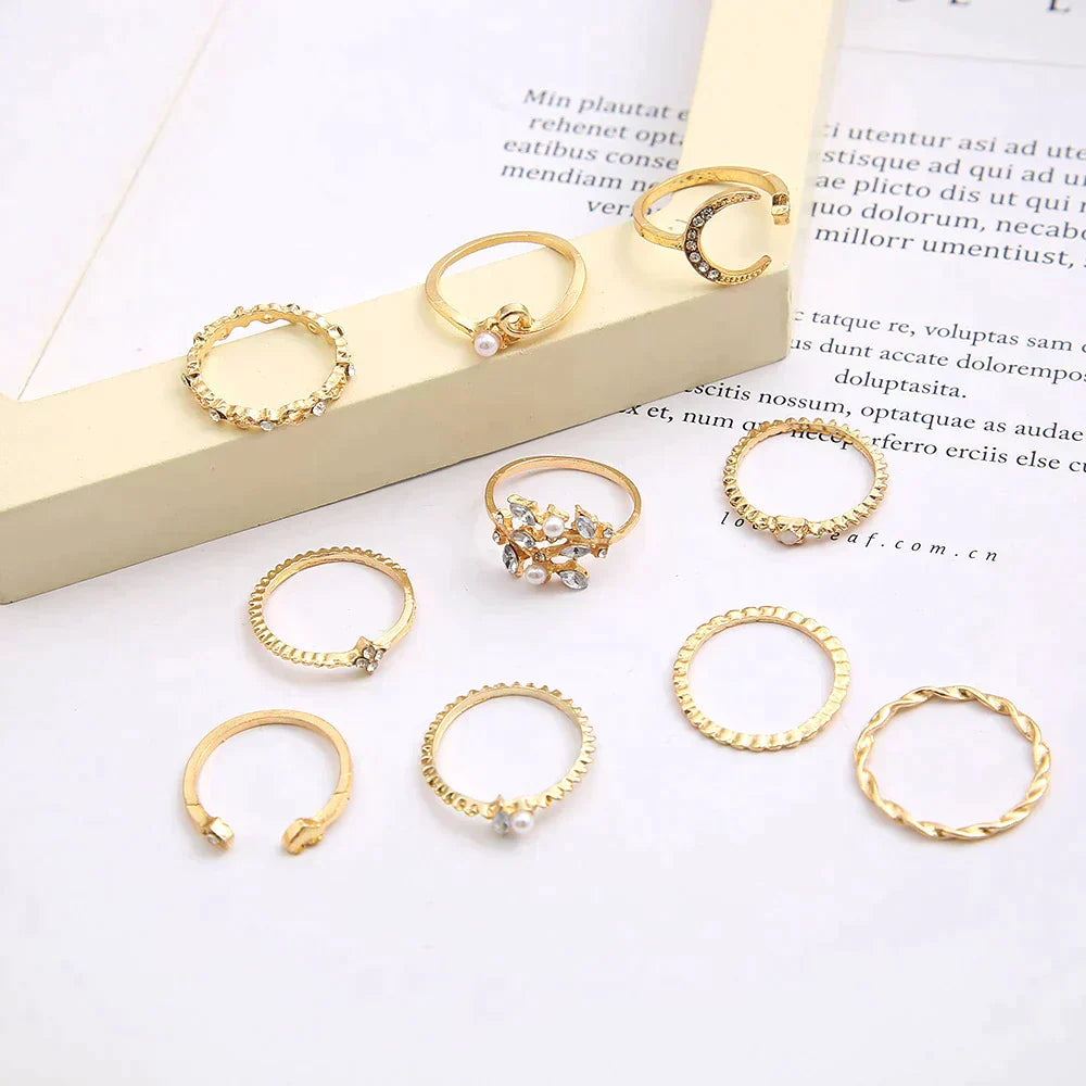 Set of 10 Gold Bohemian Rings