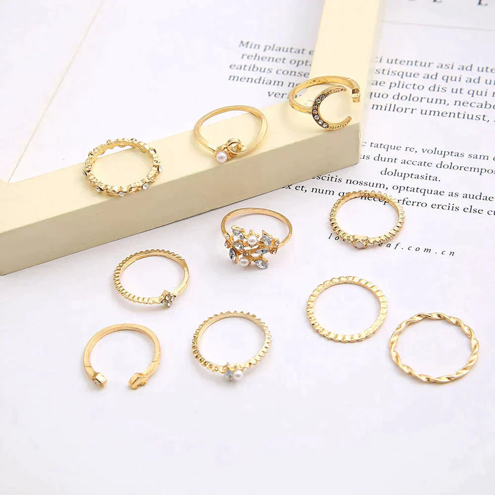 Set of 10 Gold Bohemian Rings
