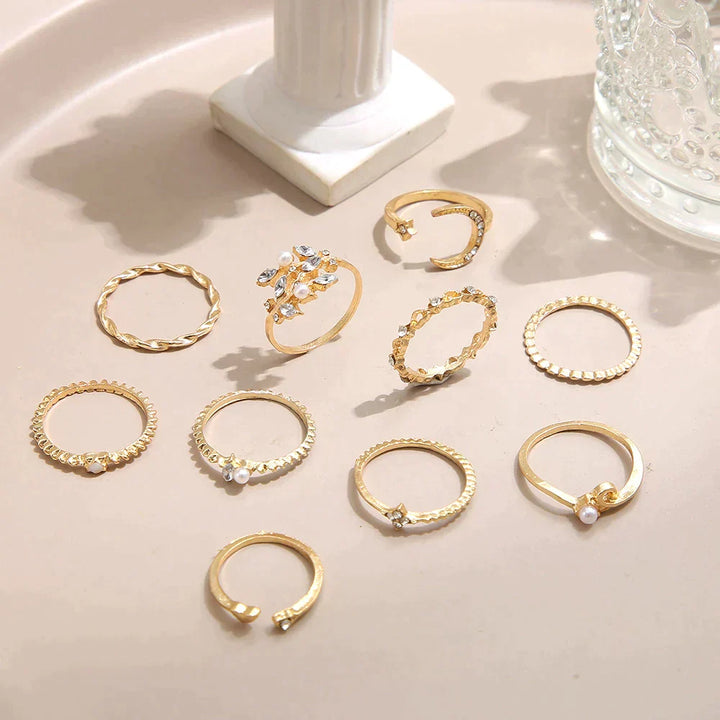 Set of 10 Gold Bohemian Rings