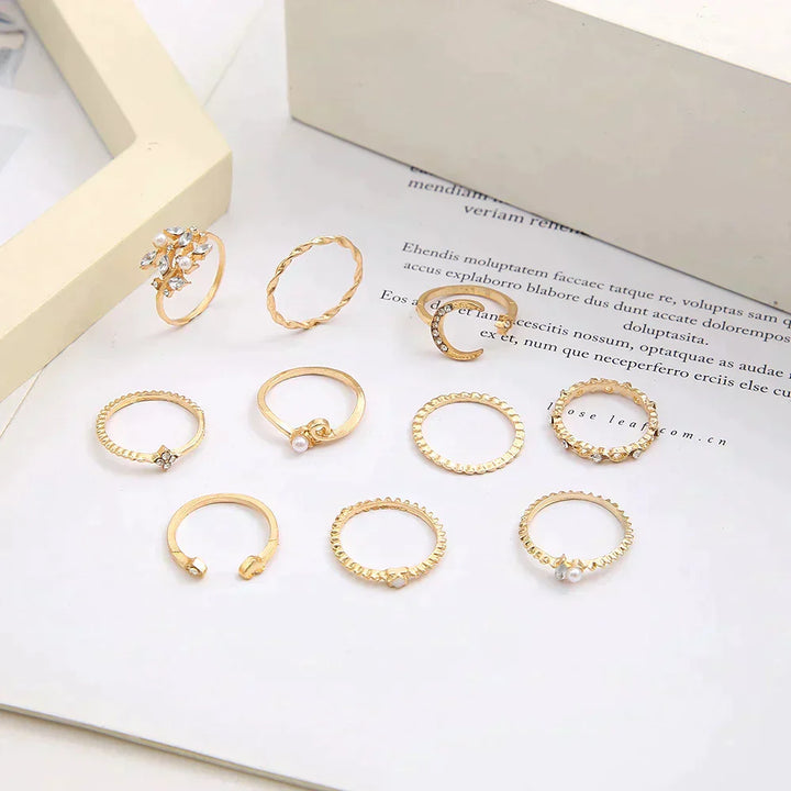 Set of 10 Gold Bohemian Rings
