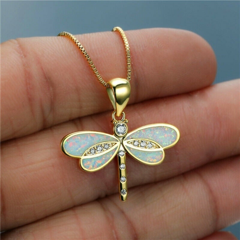 Gold Dragonfly Opal Necklace