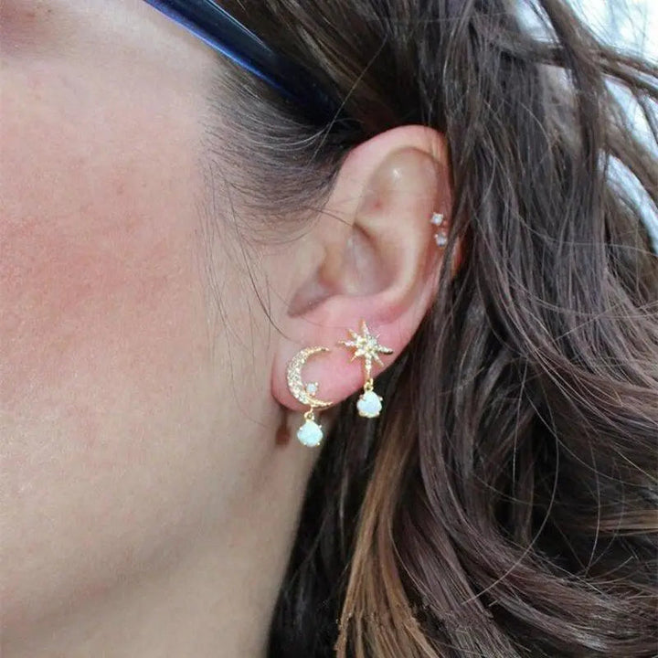 Gold Opal Moon Star Earrings
