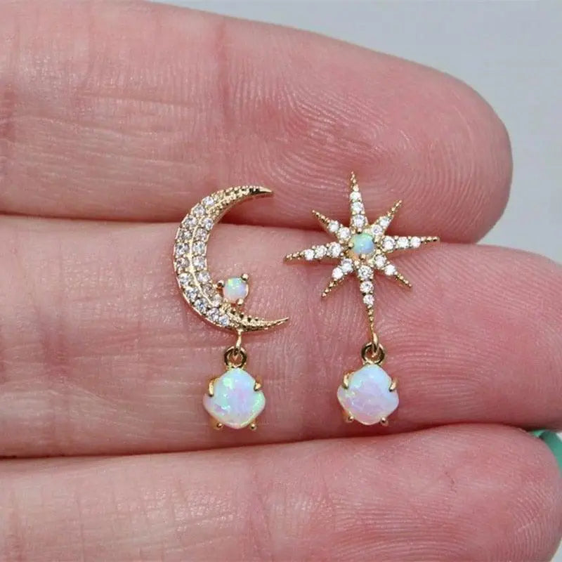 Gold Opal Moon Star Earrings