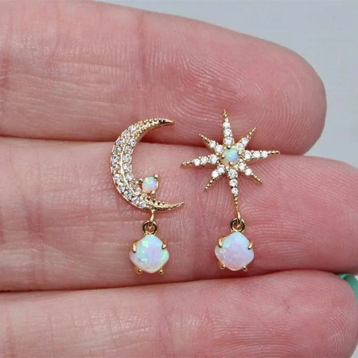 Gold Opal Moon Star Earrings
