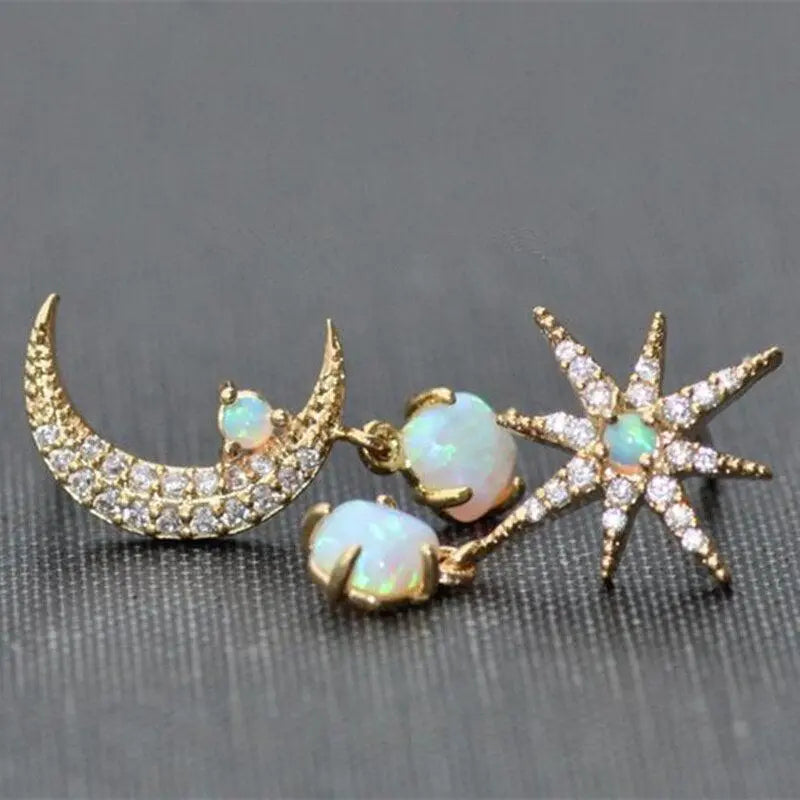 Gold Opal Moon Star Earrings
