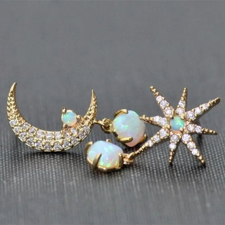 Gold Opal Moon Star Earrings