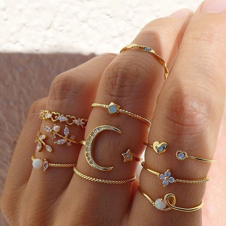 Set of 10 Gold Bohemian Rings