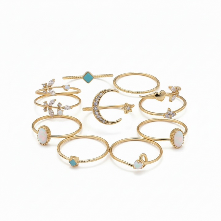 Set of 10 Gold Bohemian Rings