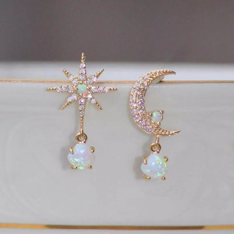 Gold Opal Moon Star Earrings