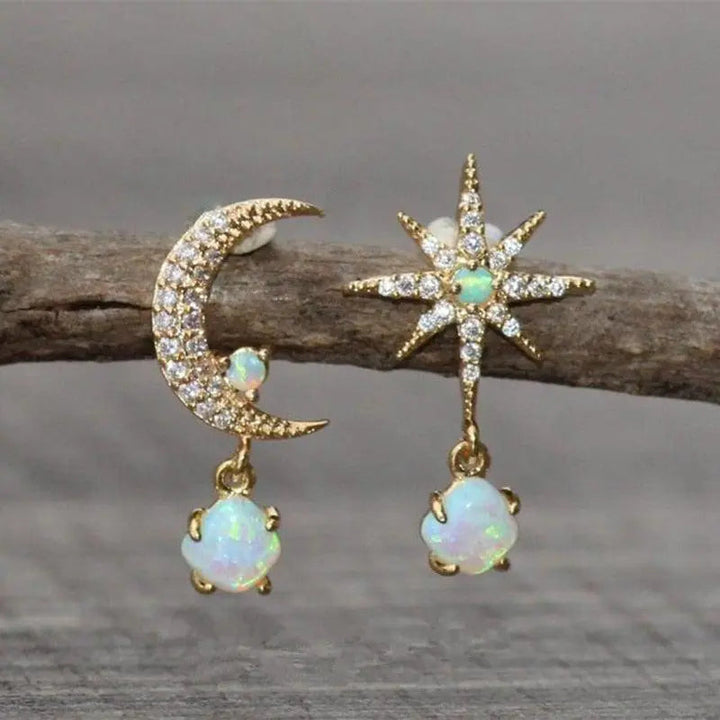 Gold Opal Moon Star Earrings
