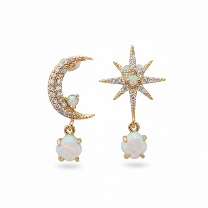 Gold Opal Moon Star Earrings