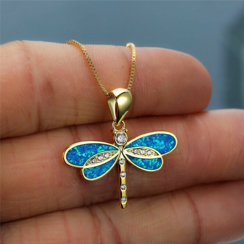 Gold Dragonfly Opal Necklace