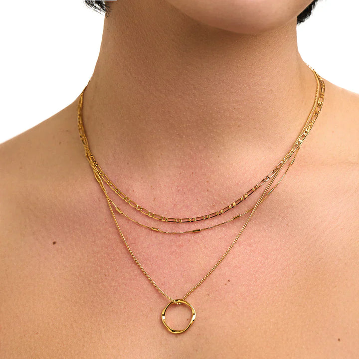 Open Circle Triple Chain Gold Necklace