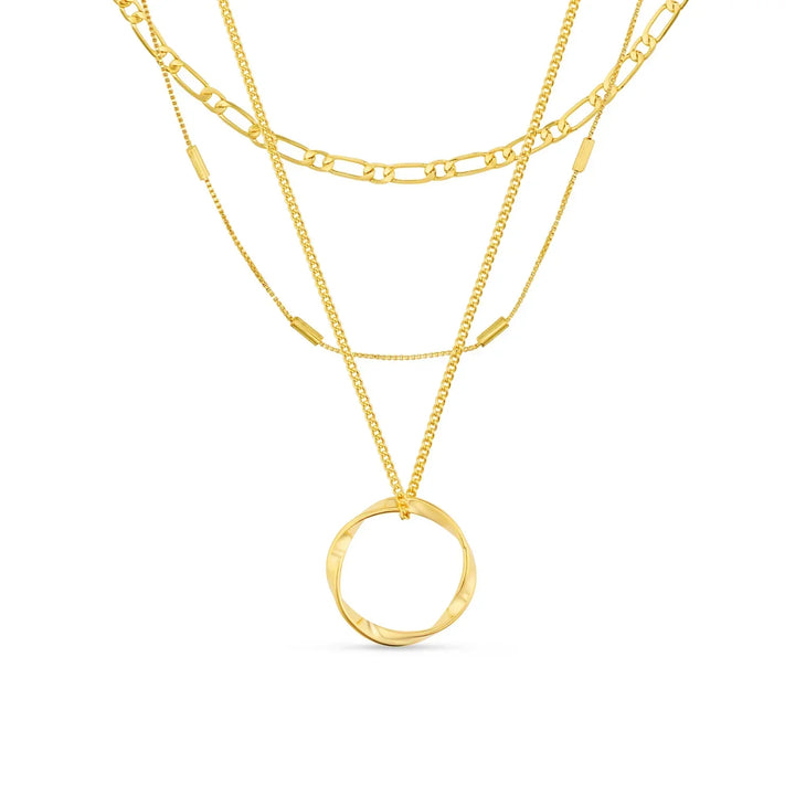 Open Circle Triple Chain Gold Necklace