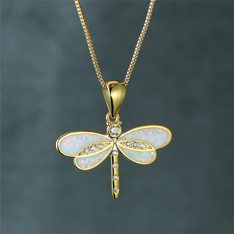 Gold Dragonfly Opal Necklace