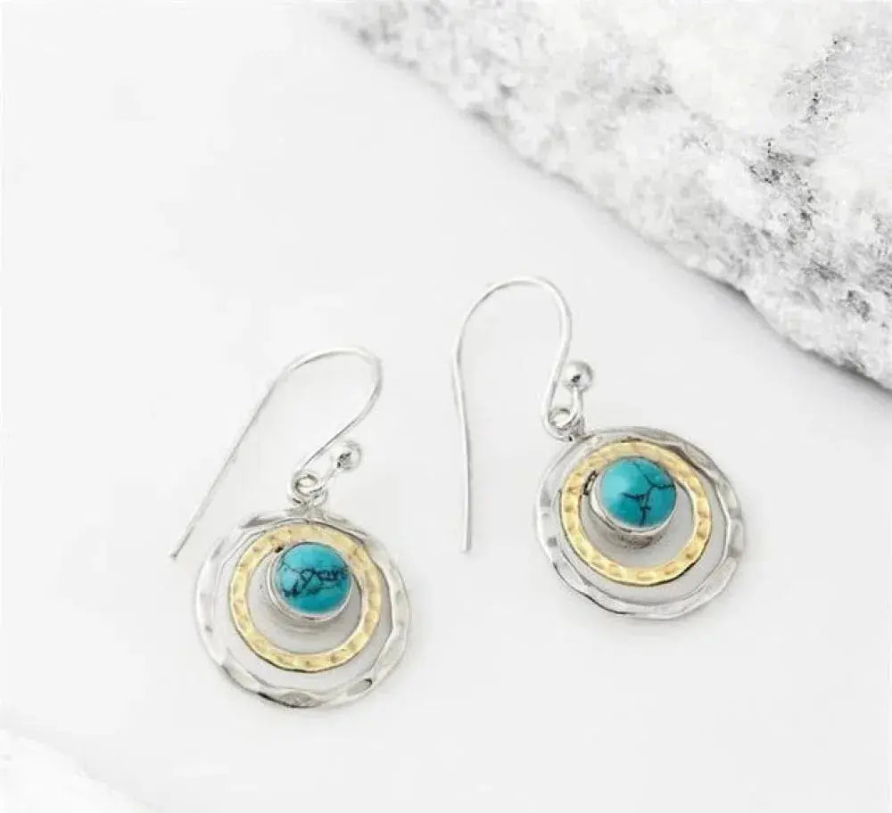 Boho Saturn Turquoise Silver and Gold Earrings