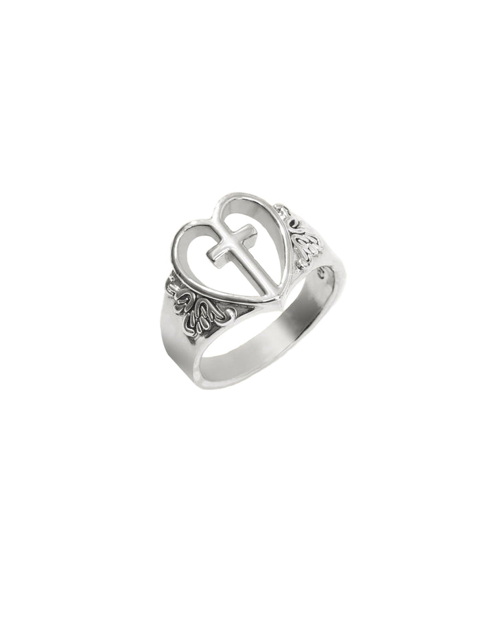 Silver Heart & Cross Ring