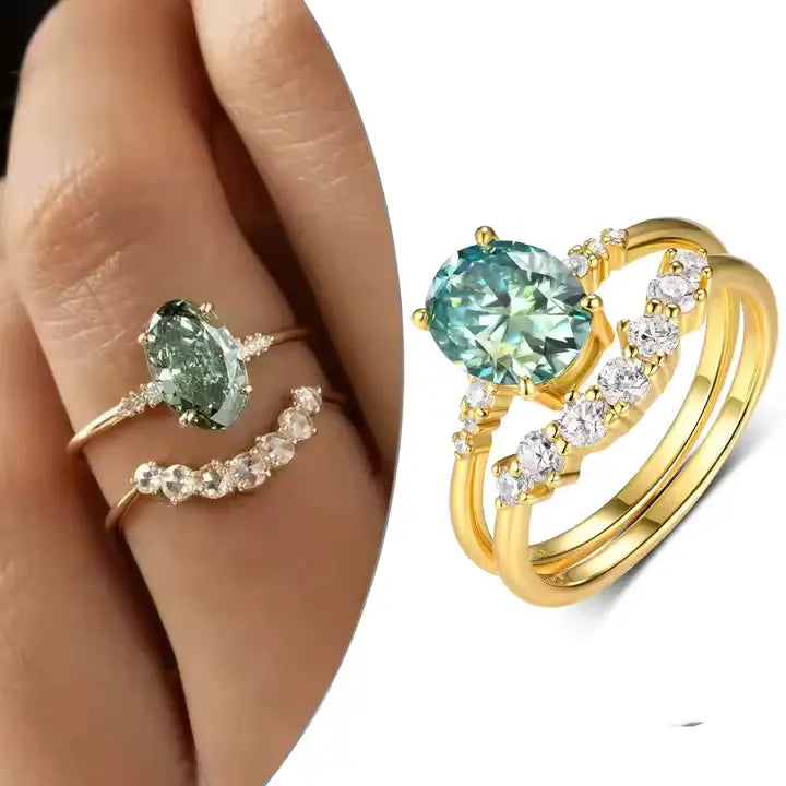 Green Moissanite Emerald Ring Set