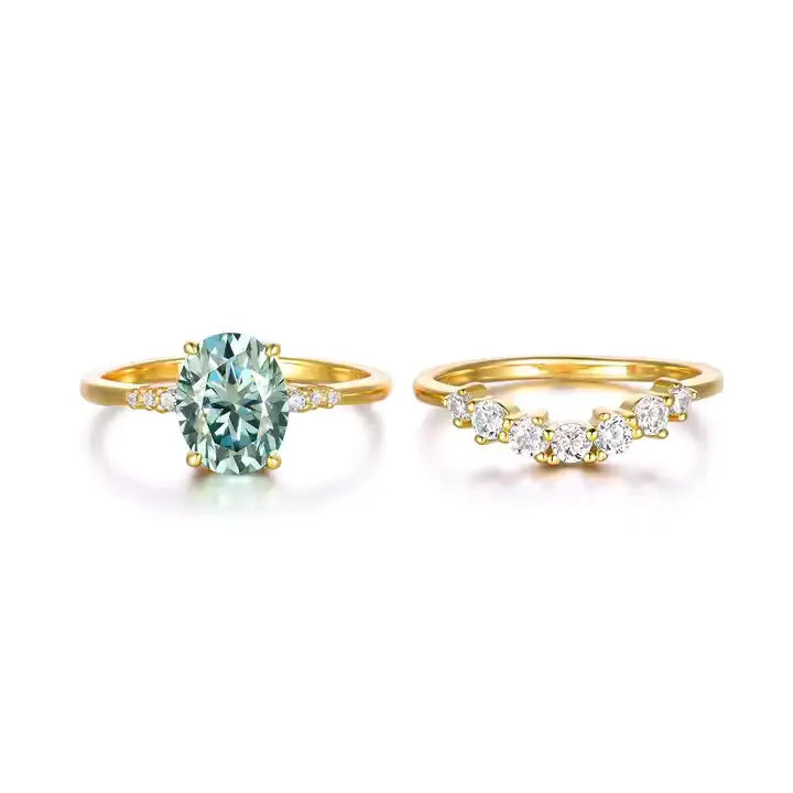 Green Moissanite Emerald Ring Set