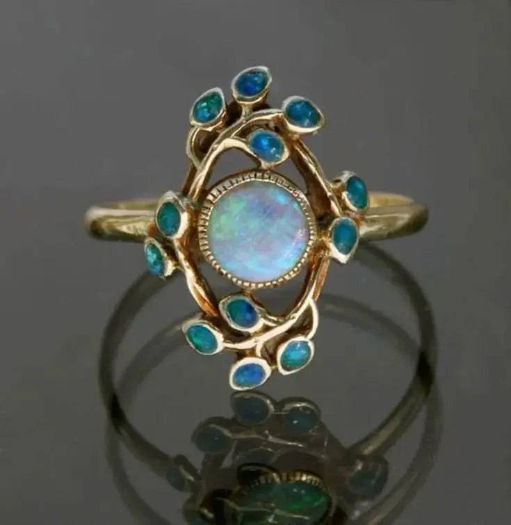 Retro Ring with Blue Crystals and Opal