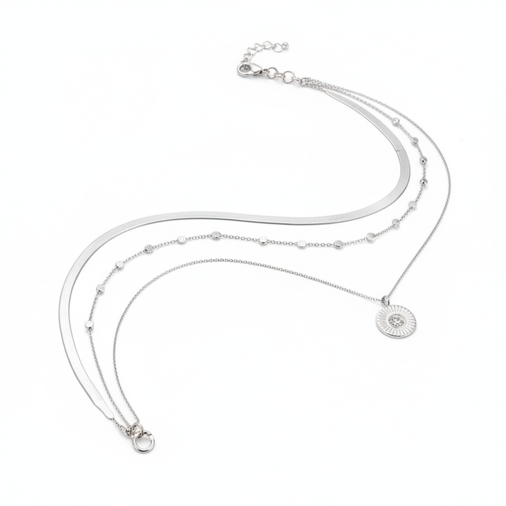 Silver Layered Round Pendant Necklace