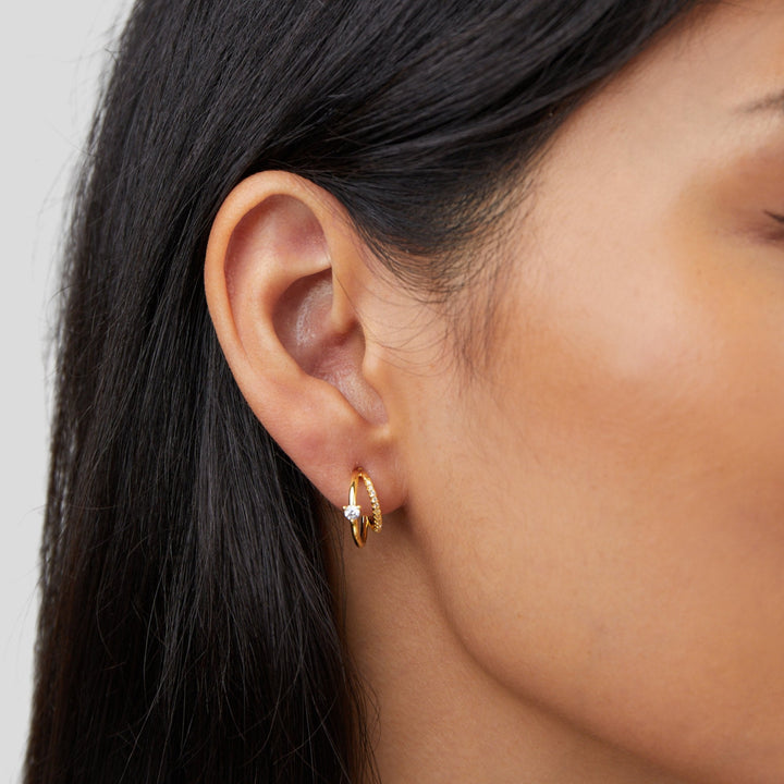 Double Elegance Gold Hoop Earrings with Zirconia