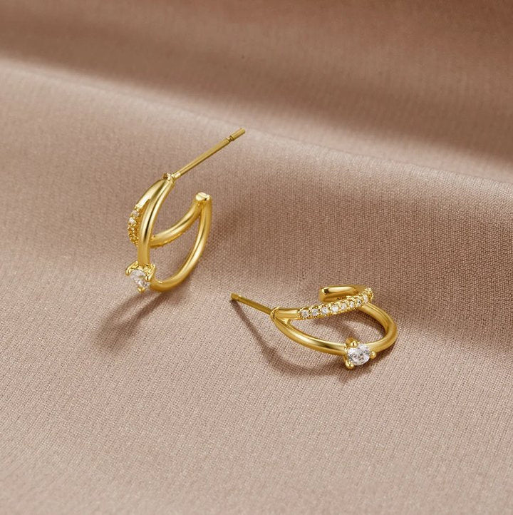 Double Elegance Gold Hoop Earrings with Zirconia