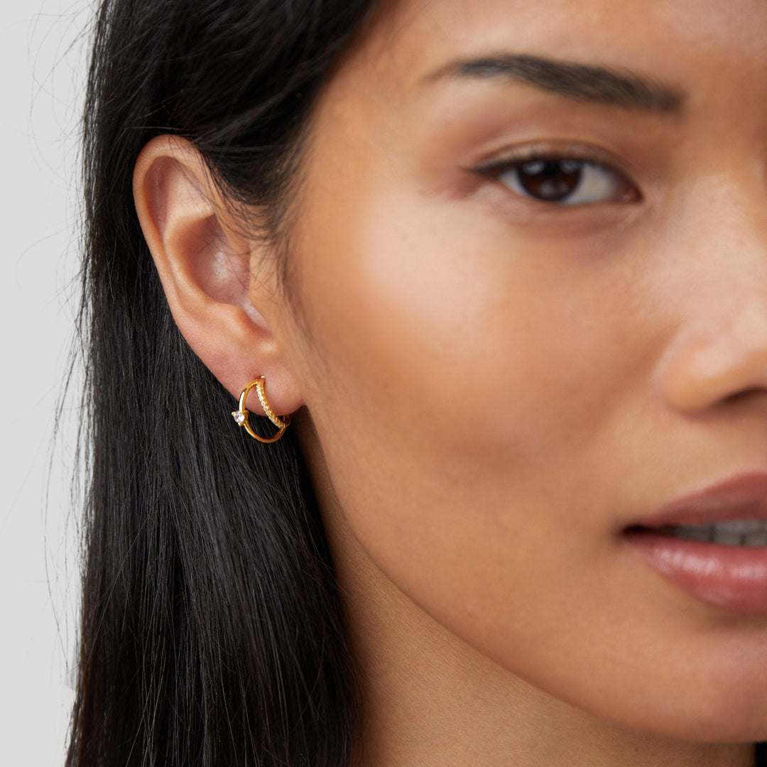 Double Elegance Gold Hoop Earrings with Zirconia